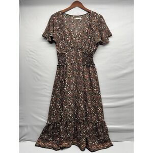 Max Studio Ditsy Floral Button Front Smocked Maxi Dress Short Sleeve Size S/M